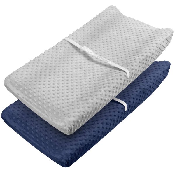 Babebay Changing Pad Cover, Ultra Soft Minky Dots Plush Changing Table Covers for Baby Boys and Girls, Breathable, 2 Pack(Blue Gray & Lily White)