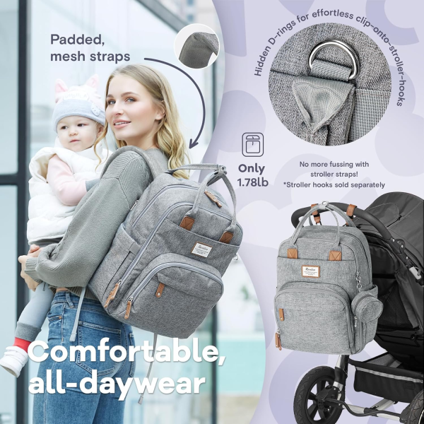 RUVALINO Diaper Bag Backpack - Multifunction Waterproof Travel Backpack, Baby Bag with Changing Pad & Stroller D-Ring & Pacifier Case - Travel Essentials & Baby Registry Search & Shower Gifts - Gray