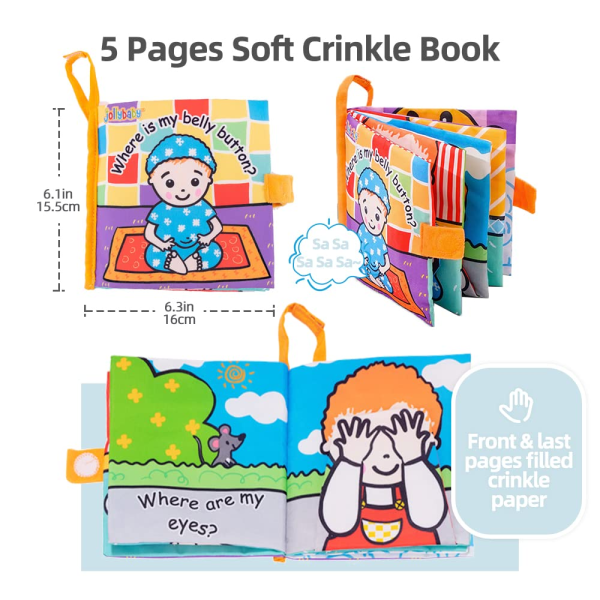 Jollybaby Peek-a-Boo Cloth Book – Interactive Touch & Feel Crinkle Soft Book for Infants & Toddlers | Early Development Stroller Toy