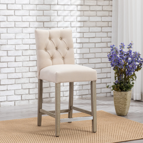 Westintrends Hayes Stools for Kitchen Counter Set of 3, Linen Upholstered Button Tufted Counter High Chairs Solid Wood Legs, Brown
