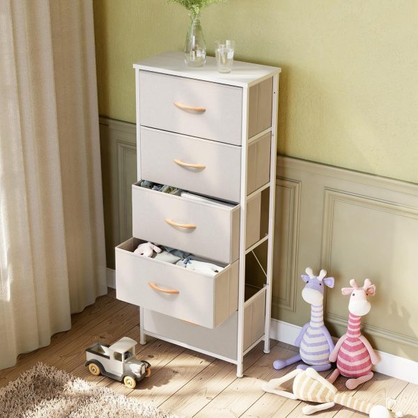 Pellebant Dresser for Bedroom with 5 Drawers, Tall Dresser Vertical Storage Tower, Sturdy Metal Frame, Fabric Storage Bins with Plastic Handle and Wooden Top, Organizer Unit for Closet/Hallway, Beige
