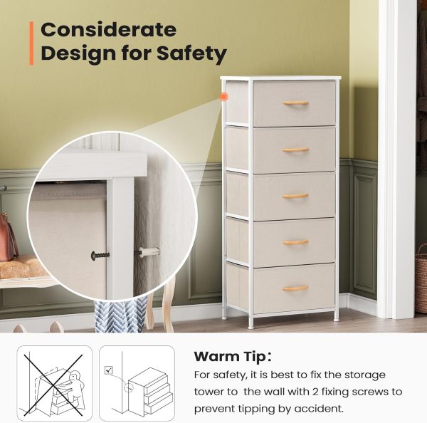 Pellebant Dresser for Bedroom with 5 Drawers, Tall Dresser Vertical Storage Tower, Sturdy Metal Frame, Fabric Storage Bins with Plastic Handle and Wooden Top, Organizer Unit for Closet/Hallway, Beige