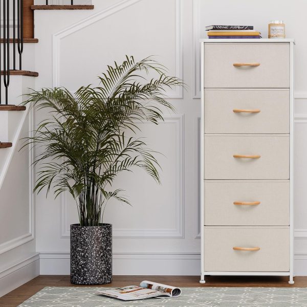Pellebant Dresser for Bedroom with 5 Drawers, Tall Dresser Vertical Storage Tower, Sturdy Metal Frame, Fabric Storage Bins with Plastic Handle and Wooden Top, Organizer Unit for Closet/Hallway, Beige