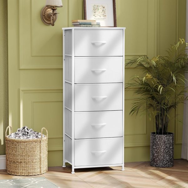 Pellebant Dresser for Bedroom with 5 Drawers, Tall Dresser Vertical Storage Tower, Sturdy Metal Frame, Fabric Storage Bins with Plastic Handle and Wooden Top, Organizer Unit for Closet/Hallway, Beige