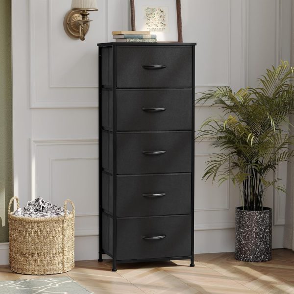 Pellebant Dresser for Bedroom with 5 Drawers, Tall Dresser Vertical Storage Tower, Sturdy Metal Frame, Fabric Storage Bins with Plastic Handle and Wooden Top, Organizer Unit for Closet/Hallway, Beige