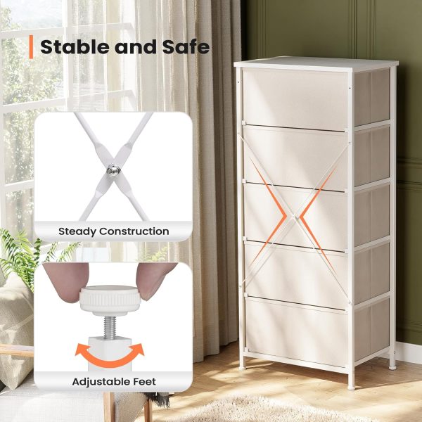Pellebant Dresser for Bedroom with 5 Drawers, Tall Dresser Vertical Storage Tower, Sturdy Metal Frame, Fabric Storage Bins with Plastic Handle and Wooden Top, Organizer Unit for Closet/Hallway, Beige