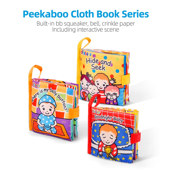 Jollybaby Peek-a-Boo Cloth Book – Interactive Touch & Feel Crinkle Soft Book for Infants & Toddlers | Early Development Stroller Toy