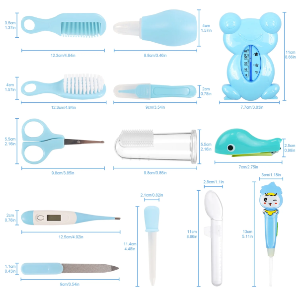 Baby Grooming Kit,Busatia 13 in 1 Infant Safety Care Set with Hair Brush Comb Nail Clipper Nasal Aspirator,Baby Essentials Kit for Newborn Girls Boys-Blue Baby Grooming Kit