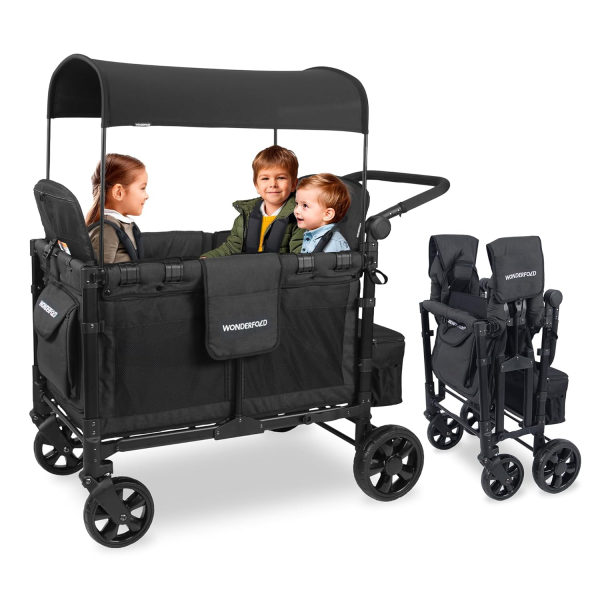 WONDERFOLD W4 Elite Stroller Wagon (4 Seater) - Collapsible Wagon Stroller with Seats with 5-Point Harnesses, Adjustable Push Handle, and Removable UV Sun Canopy, Charcoal Gray