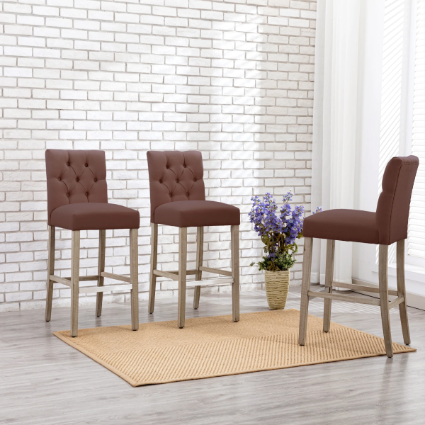 Westintrends Hayes Stools for Kitchen Counter Set of 3, Linen Upholstered Button Tufted Counter High Chairs Solid Wood Legs, Brown