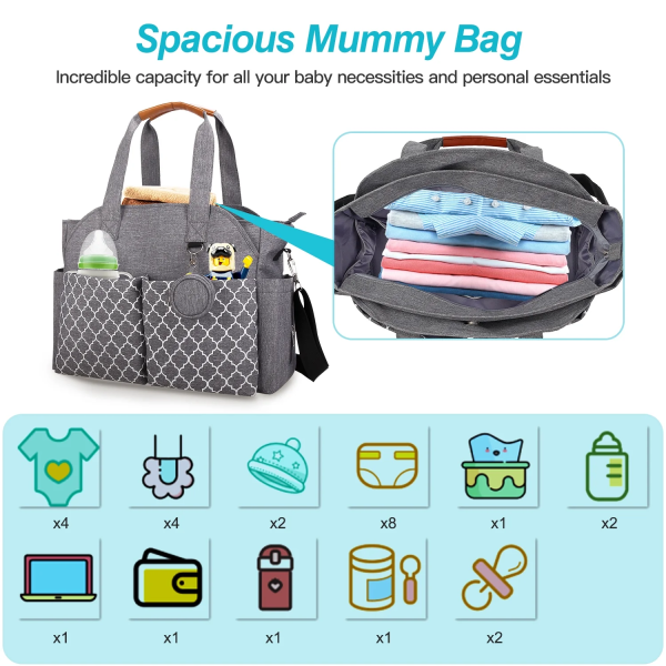 Diaper Bag Teqhome Tote Nappy Changing Bags with 14 Pockets 2 Burp Cloths Multifunction Travel Diaper Bag Organizer with Pacifier Case Adjustable Straps Grey