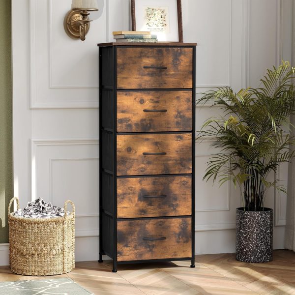 Pellebant Dresser for Bedroom with 5 Drawers, Tall Dresser Vertical Storage Tower, Sturdy Metal Frame, Fabric Storage Bins with Plastic Handle and Wooden Top, Organizer Unit for Closet/Hallway, Beige