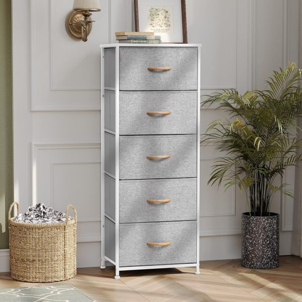 Pellebant Dresser for Bedroom with 5 Drawers, Tall Dresser Vertical Storage Tower, Sturdy Metal Frame, Fabric Storage Bins with Plastic Handle and Wooden Top, Organizer Unit for Closet/Hallway, Beige