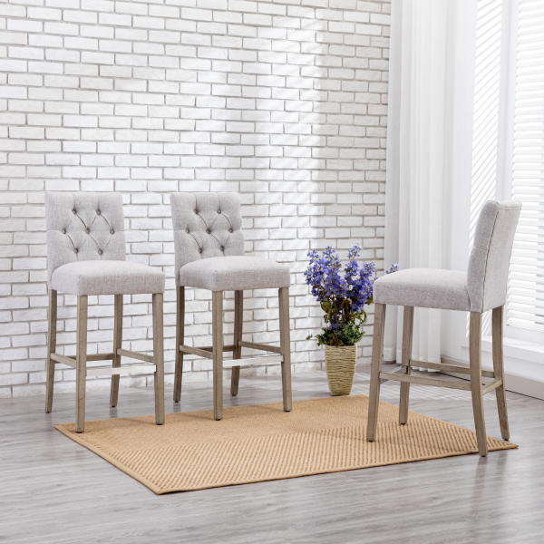 Westintrends Hayes Stools for Kitchen Counter Set of 3, Linen Upholstered Button Tufted Counter High Chairs Solid Wood Legs, Brown