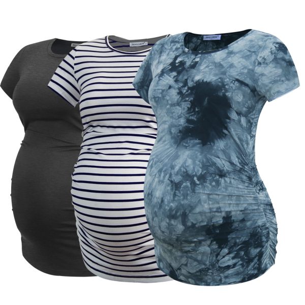 Smallshow Women'S Short Sleeve Maternity Shirt Side Ruched Pregnancy Tunic T-Shirt 3-Pack
