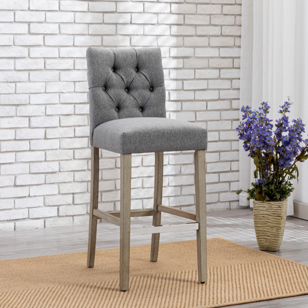 Westintrends Hayes Stools for Kitchen Counter Set of 3, Linen Upholstered Button Tufted Counter High Chairs Solid Wood Legs, Brown