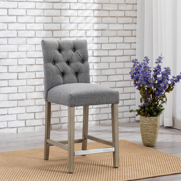Westintrends Hayes Stools for Kitchen Counter Set of 3, Linen Upholstered Button Tufted Counter High Chairs Solid Wood Legs, Brown