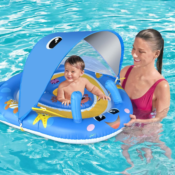 GVDV Baby Pool Float with Canopy UPF50+ Sun Protection, 6-24 Months Inflatable Infant Swimming Ring with Adjustable Safety Seat