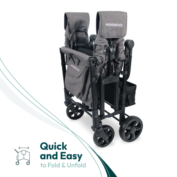 WONDERFOLD W4 Elite Stroller Wagon (4 Seater) - Collapsible Wagon Stroller with Seats with 5-Point Harnesses, Adjustable Push Handle, and Removable UV Sun Canopy, Charcoal Gray