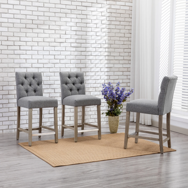 Westintrends Hayes Stools for Kitchen Counter Set of 3, Linen Upholstered Button Tufted Counter High Chairs Solid Wood Legs, Brown