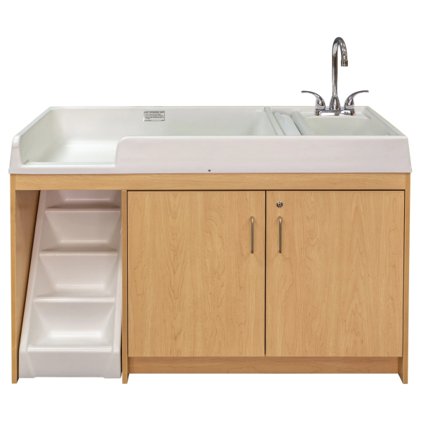 Tot Mate Toddler Walk-Up Baby Changing Table with Sink, Nursery Furniture, Wood Laminate, Gray