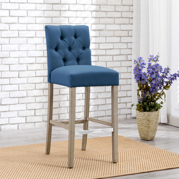 Westintrends Hayes Stools for Kitchen Counter Set of 3, Linen Upholstered Button Tufted Counter High Chairs Solid Wood Legs, Brown