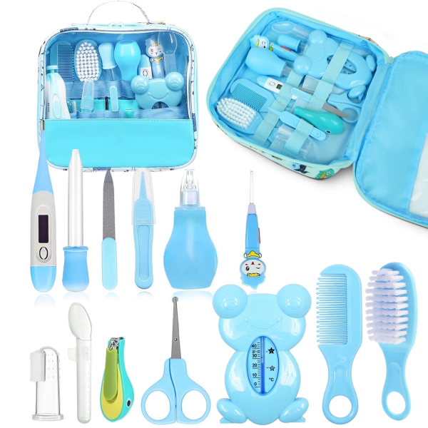 Baby Grooming Kit,Busatia 13 in 1 Infant Safety Care Set with Hair Brush Comb Nail Clipper Nasal Aspirator,Baby Essentials Kit for Newborn Girls Boys-Blue Baby Grooming Kit