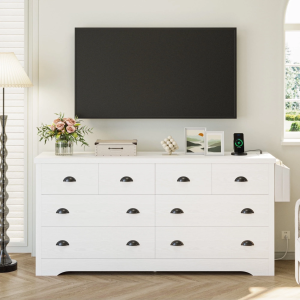 LIKIMIO 8 Drawer Dresser with Charging Station and Side Storage Bag, Wood Chest of Drawers, White Dresser