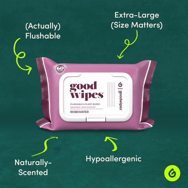 Goodwipes Flushable & Plant-Based Wipes with Botanicals | Dispenser for At-Home Use | Rosewater with Aloe Septic and Sewer Safe | 180 Count (3 Packs) - Biggest Adult Wipes