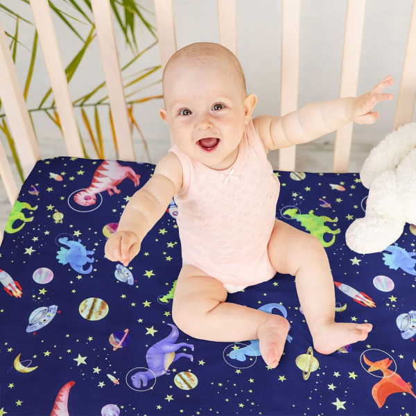 GFU Baby Crib Sheet for Boy, Super Soft Fitted Crib Sheet for Standard Crib and Toddler Mattresses, 52×28 Inch (Dinosaur&Space)
