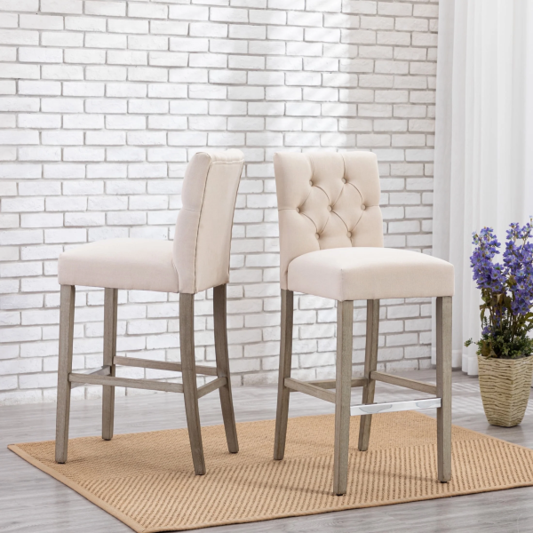 Westintrends Hayes Stools for Kitchen Counter Set of 3, Linen Upholstered Button Tufted Counter High Chairs Solid Wood Legs, Brown