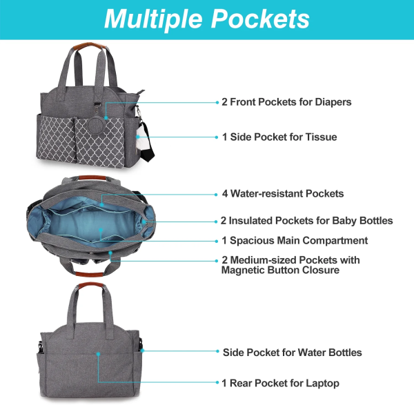 Diaper Bag Teqhome Tote Nappy Changing Bags with 14 Pockets 2 Burp Cloths Multifunction Travel Diaper Bag Organizer with Pacifier Case Adjustable Straps Grey