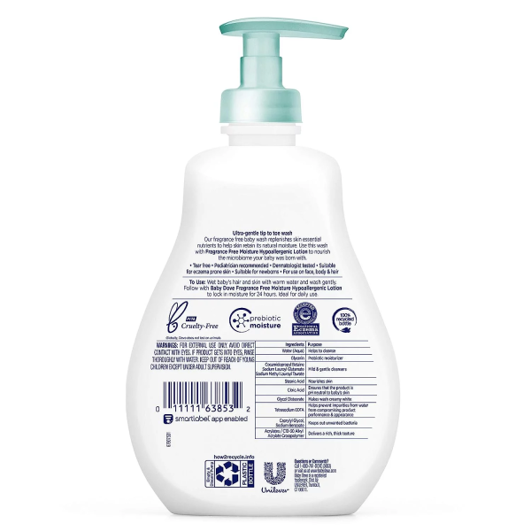 Baby Dove Sensitive Skin Care Baby Wash for Baby Bath Time Fragrance Free Moisture Fragrance Free and Hypoallergenic, Washes Away Bacteria 13 Oz