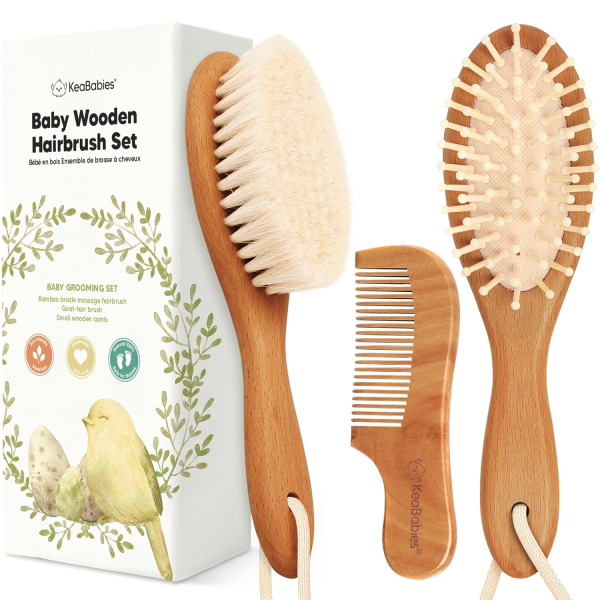Baby Hair Brush and Comb Set for Newborn - Wooden Baby Hair Brush Set with Soft Goat Bristle, Baby Brush Set for Newborns Baby Brush and Comb Set Girl, Boy, Toddler Cradle Cap Brush (Oval, Walnut)