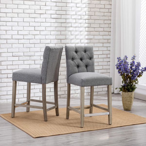 Westintrends Hayes Stools for Kitchen Counter Set of 3, Linen Upholstered Button Tufted Counter High Chairs Solid Wood Legs, Brown