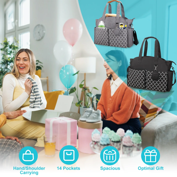 Diaper Bag Teqhome Tote Nappy Changing Bags with 14 Pockets 2 Burp Cloths Multifunction Travel Diaper Bag Organizer with Pacifier Case Adjustable Straps Grey