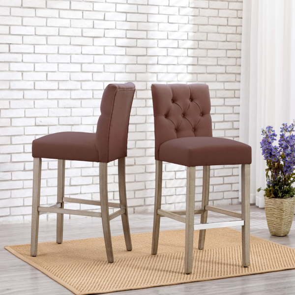 Westintrends Hayes Stools for Kitchen Counter Set of 3, Linen Upholstered Button Tufted Counter High Chairs Solid Wood Legs, Brown