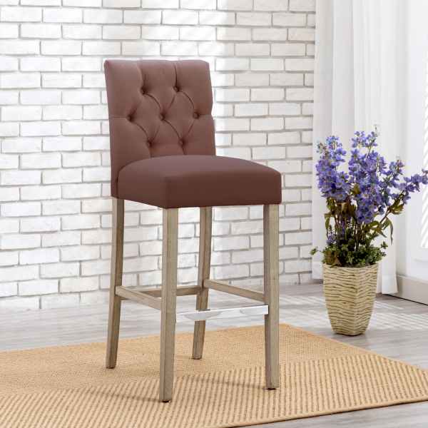 Westintrends Hayes Stools for Kitchen Counter Set of 3, Linen Upholstered Button Tufted Counter High Chairs Solid Wood Legs, Brown