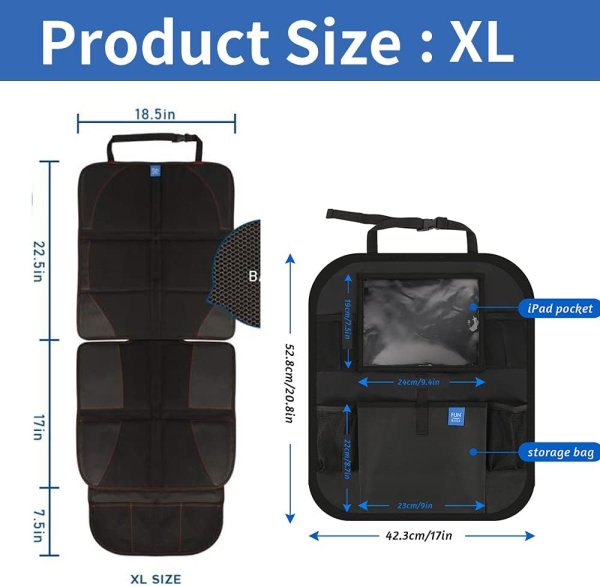 Funbliss Car Seat Protector + Kick Mats Car Backseat Organizer Black,Suitable for All Cars,Xl Largest Car Seat Cover for Child Baby Carseat, Kick Mat Back Seat W/Storage Pockets