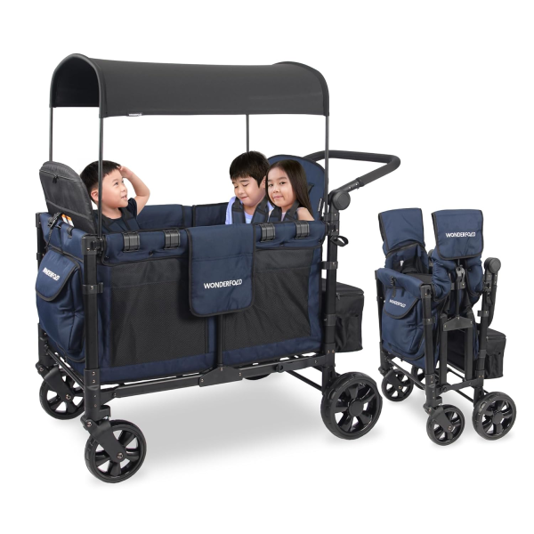 WONDERFOLD W4 Elite Stroller Wagon (4 Seater) - Collapsible Wagon Stroller with Seats with 5-Point Harnesses, Adjustable Push Handle, and Removable UV Sun Canopy, Charcoal Gray