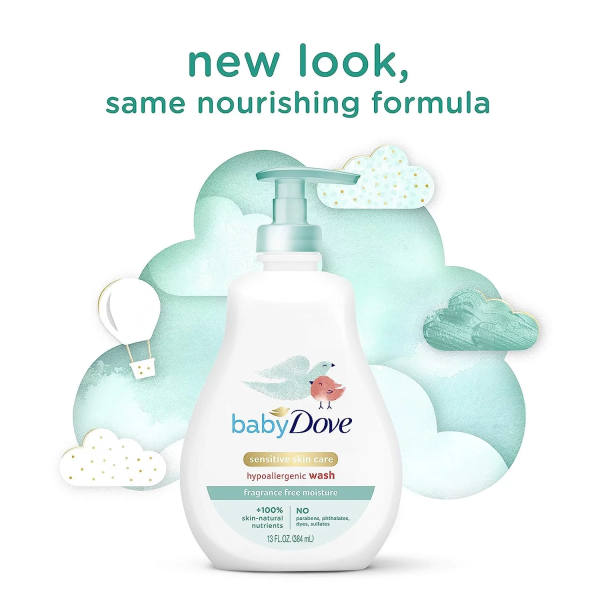 Baby Dove Sensitive Skin Care Baby Wash for Baby Bath Time Fragrance Free Moisture Fragrance Free and Hypoallergenic, Washes Away Bacteria 13 Oz
