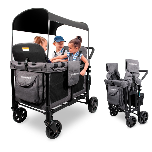 WONDERFOLD W4 Elite Stroller Wagon (4 Seater) - Collapsible Wagon Stroller with Seats with 5-Point Harnesses, Adjustable Push Handle, and Removable UV Sun Canopy, Charcoal Gray