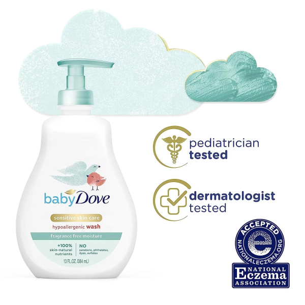 Baby Dove Sensitive Skin Care Baby Wash for Baby Bath Time Fragrance Free Moisture Fragrance Free and Hypoallergenic, Washes Away Bacteria 13 Oz