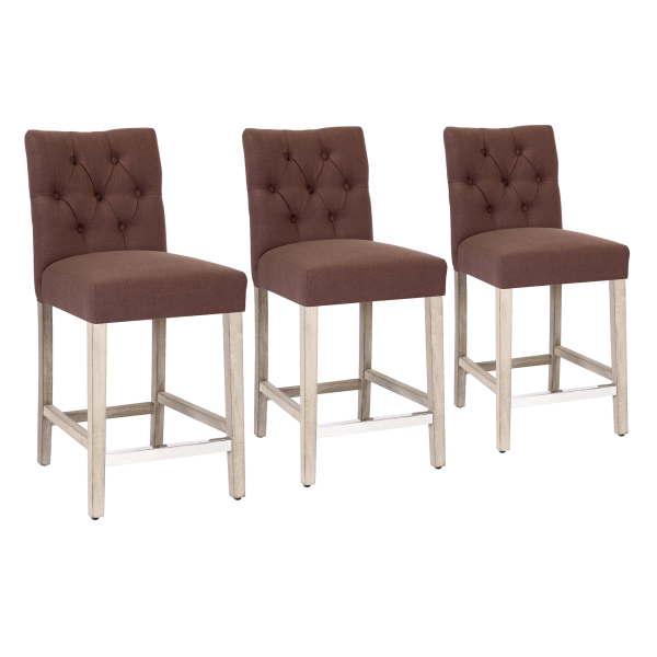 Westintrends Hayes Stools for Kitchen Counter Set of 3, Linen Upholstered Button Tufted Counter High Chairs Solid Wood Legs, Brown