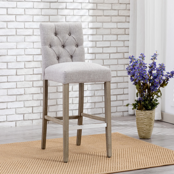Westintrends Hayes Stools for Kitchen Counter Set of 3, Linen Upholstered Button Tufted Counter High Chairs Solid Wood Legs, Brown
