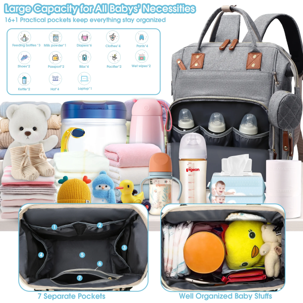 Posrue Diaper Bag Backpack, Portable Baby Bag Include Insulated Pocket, 3 in 1 Multi-Functional Travel Baby Diaper Bag with Diapers Changing Pad for Boys and Girls