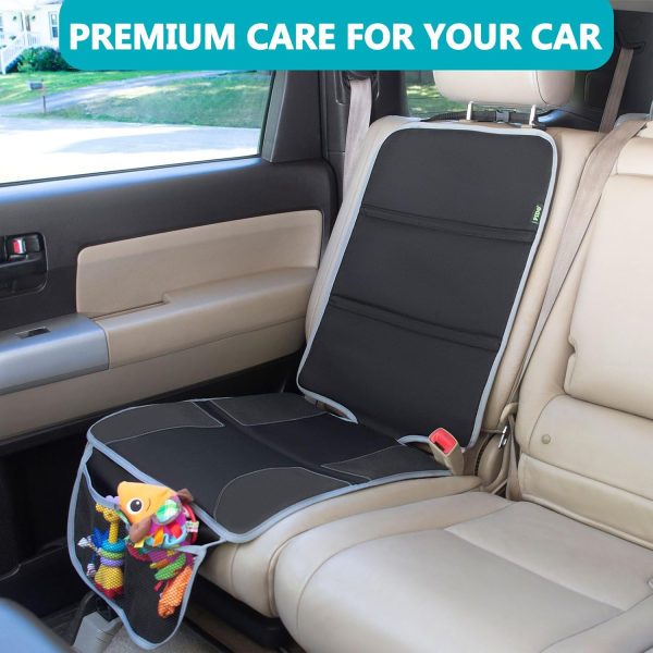 PIDO Car Seat Protector, Seat Cover Mat under Baby Carseat to Protect Fabric and Leather Upholstery, Black with Gray Stitching