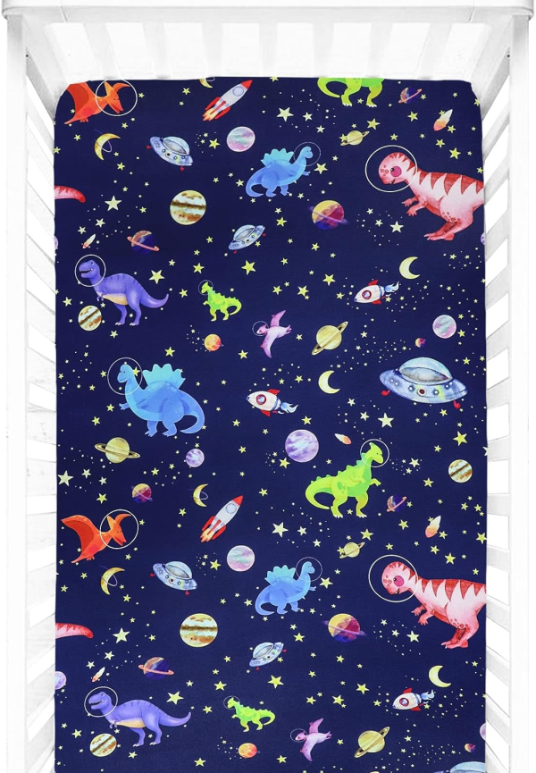 GFU Baby Crib Sheet for Boy, Super Soft Fitted Crib Sheet for Standard Crib and Toddler Mattresses, 52×28 Inch (Dinosaur&Space)
