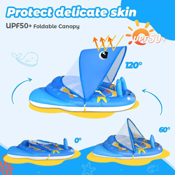 GVDV Baby Pool Float with Canopy UPF50+ Sun Protection, 6-24 Months Inflatable Infant Swimming Ring with Adjustable Safety Seat