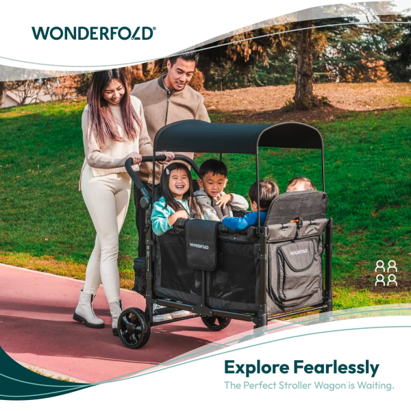WONDERFOLD W4 Elite Stroller Wagon (4 Seater) - Collapsible Wagon Stroller with Seats with 5-Point Harnesses, Adjustable Push Handle, and Removable UV Sun Canopy, Charcoal Gray